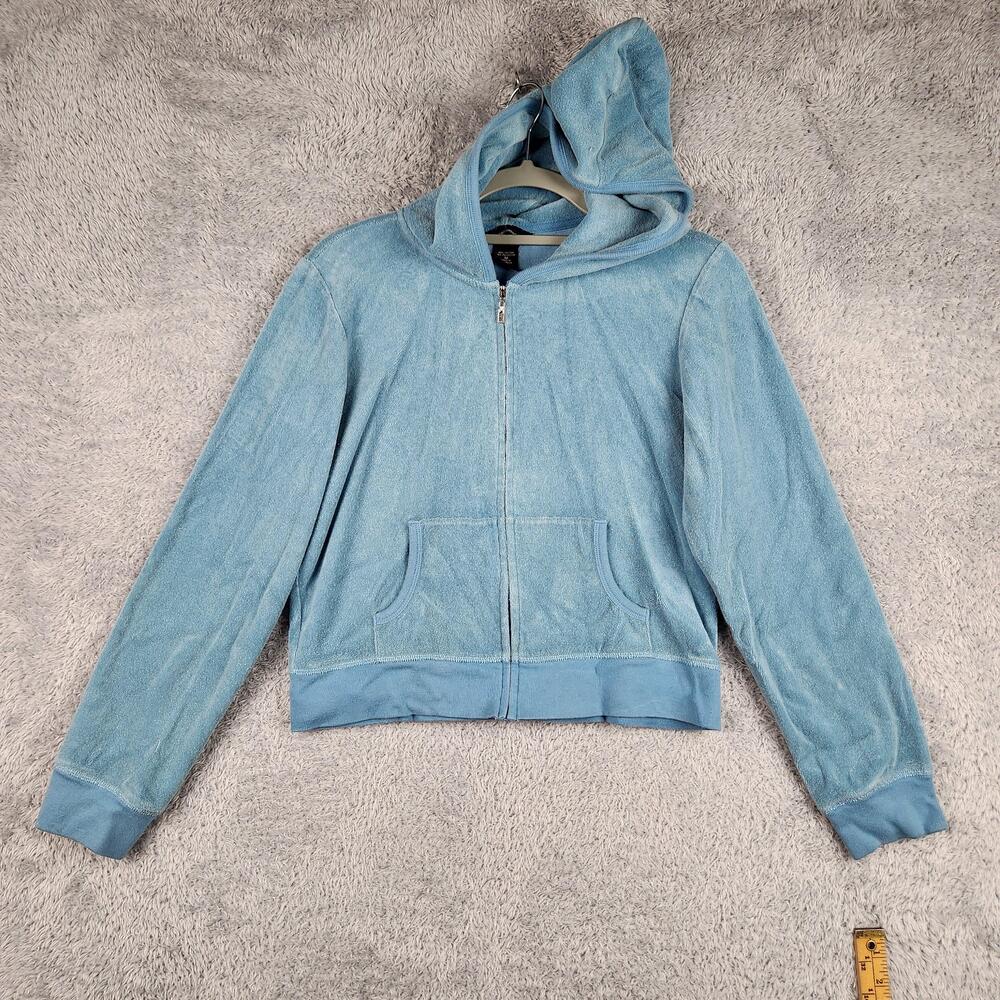 Vintage Moda International Hoodie Womens Medium Blue Terry Zip Retro Y2k Cropped